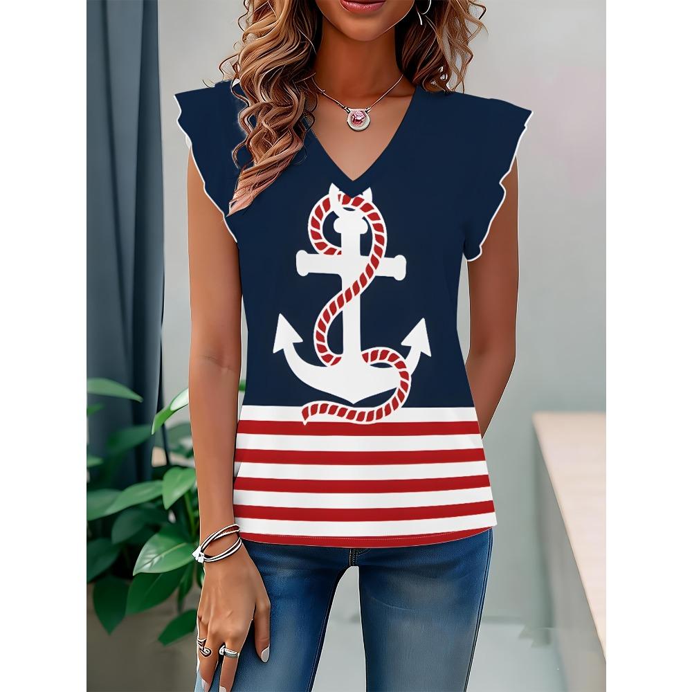 Navy-style Anchor Pattern High-quality Women s All-over Print V-neck Top S