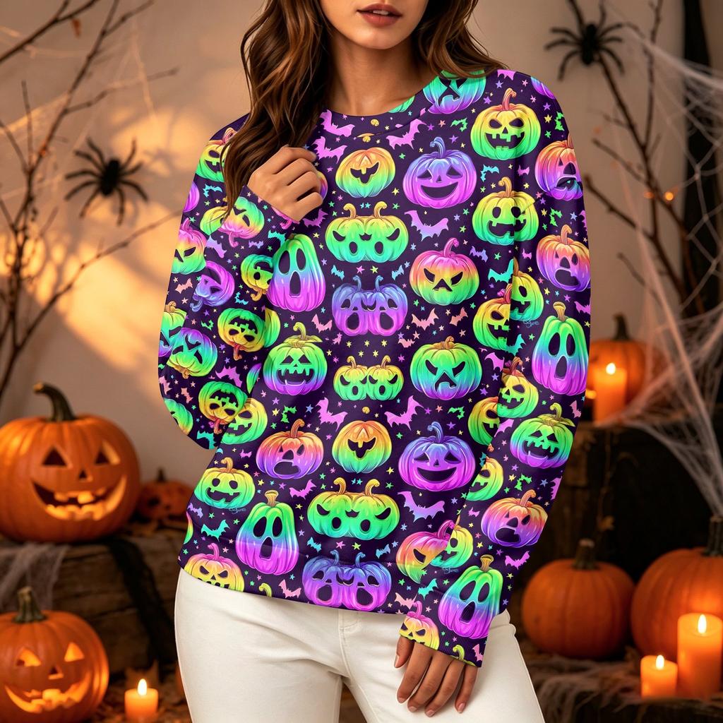 Women's Halloween Long Sleeve Sweatshirt with Pumpkin Print, Round Neck Pullover Top for Casual Daily Wear