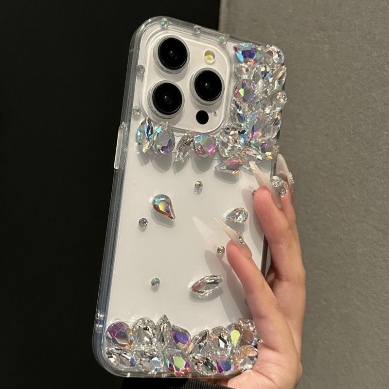 Diamond setting, water drop diamond is suitable for Apple 16promax mobile phone case, transparent iPhone15/17 anti-drop protective case.
