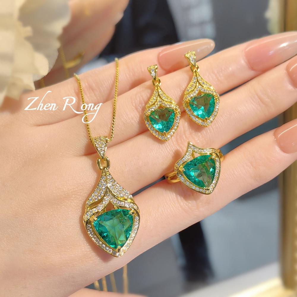 

European Retro Women Jewelry Set Fat Red Diamond Earrings Paraiba Lake Green Ring Color Gem Pendant Full Diamond