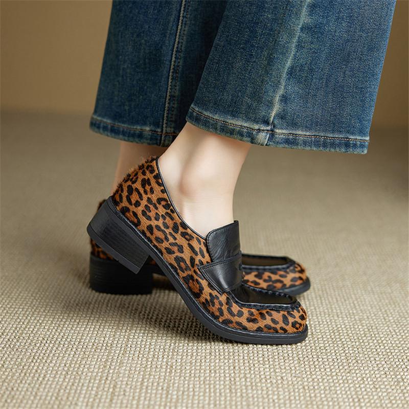 Fashion New Spring/autumn Genuine Leather Women Shoes Round Toe Loafers Shoes for Women Fashion Leopard Print Women Pumps Chunky Heel