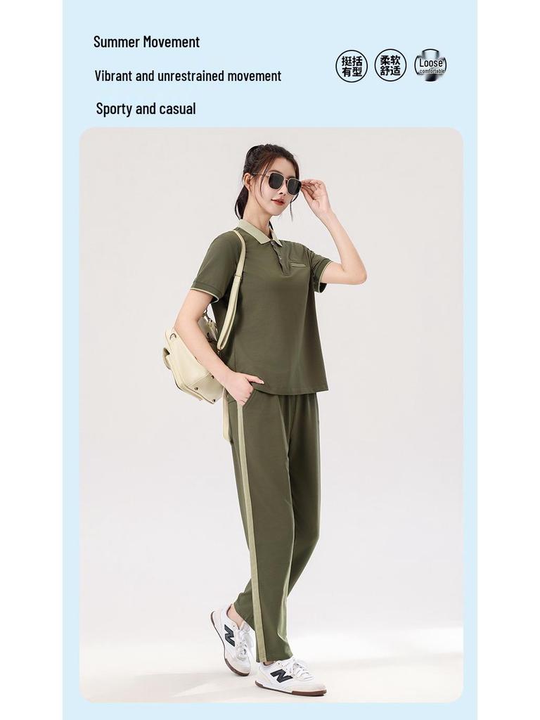 Women's Summer Sportswear Set: Lapel Short Sleeve Top & Loose Long Pants, Plus Size, Casual Two-Piece Running Suit