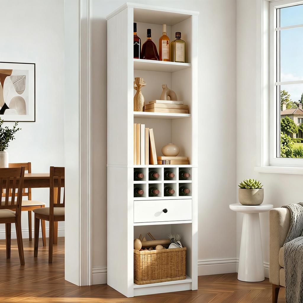 Display Cabinet with LED Lighting, Bookcase with 1 Drawer, 12 Compartments, Collectibles, Wine, for Living Room Dining Room Office, white, 55x40x200cm