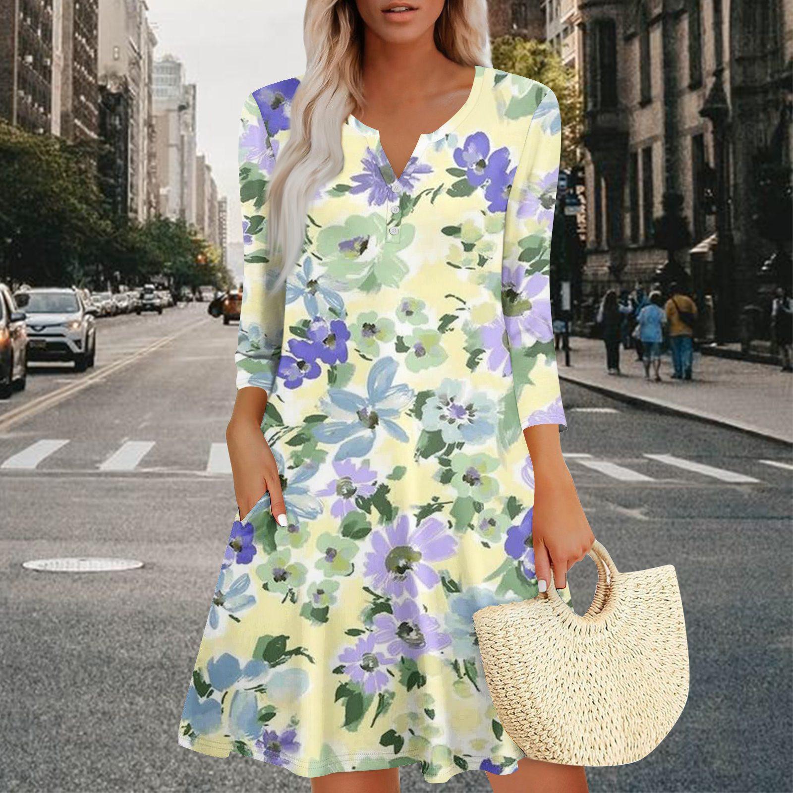 

Жіноча літня сукня вільного крою з V-подібним вирізом та рукавом три чверті, сукня-сарафан з кишенями M Кіновар