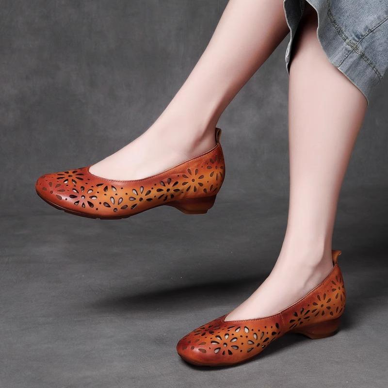 Fashion Shoes Female 2025 Brand Shallow Women's High Heels Fashion Retro Hollow Out Daily Light Soft Bottom Best Seller Flat Low Heels