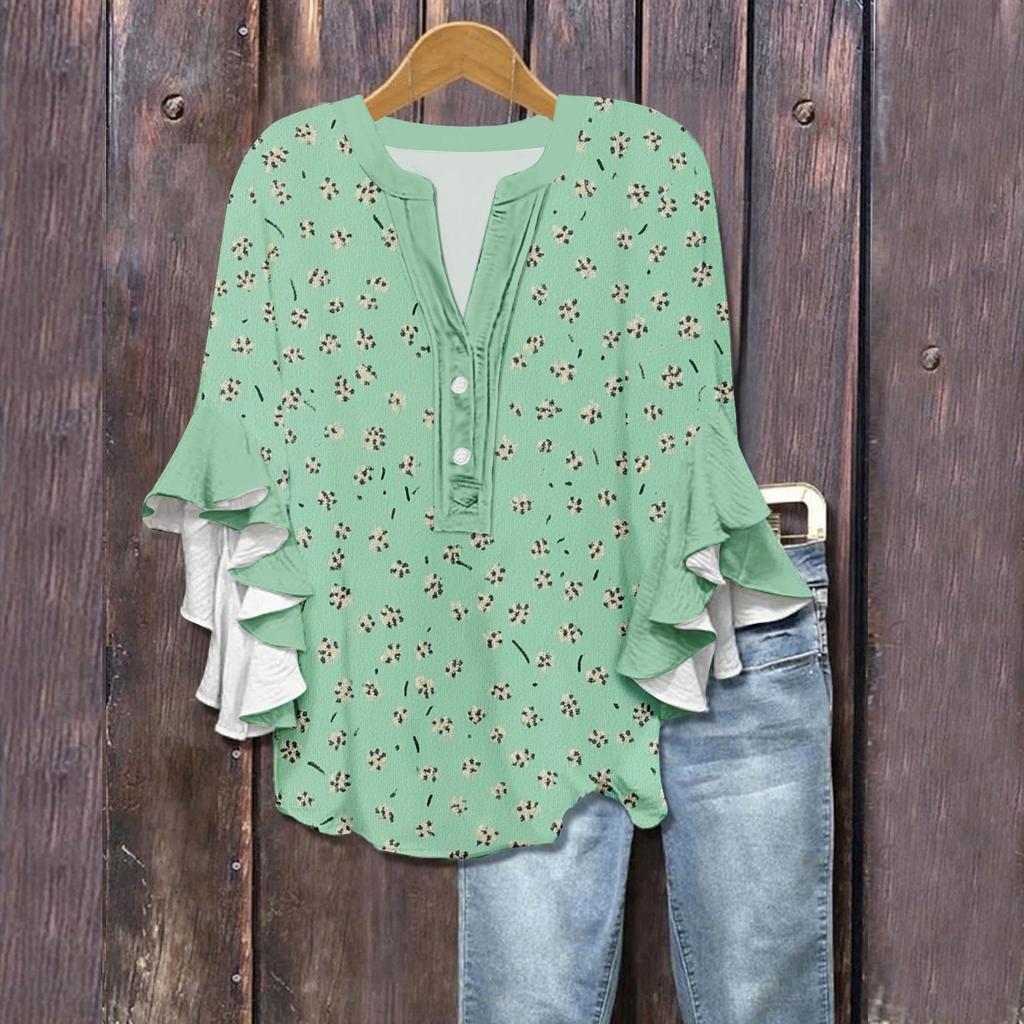 Women's Summer Tops V Neck Three-quarter Sleeves Floral Print Flowing Ruffle Sleeves Half-button Shirt