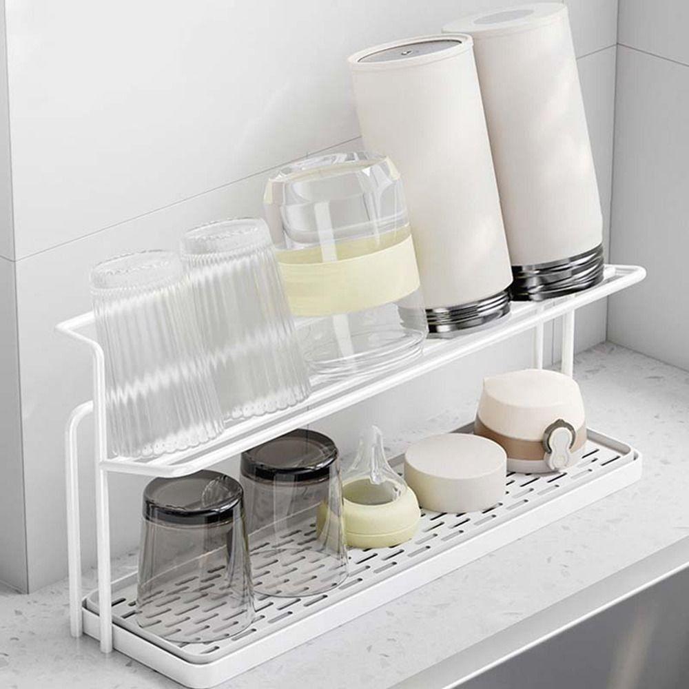 Double-layer Drain Cup Rack Carbon Steel Cup Storage Tray 2Layer Cup Storage Rack  Countertop