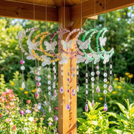 Crystals Suncatcher, Hanging Moon Butterfly Sun Catcher with Glass Prisms for Windows, Healing Crystal Decor for Home, Gift for Christmas Birthday