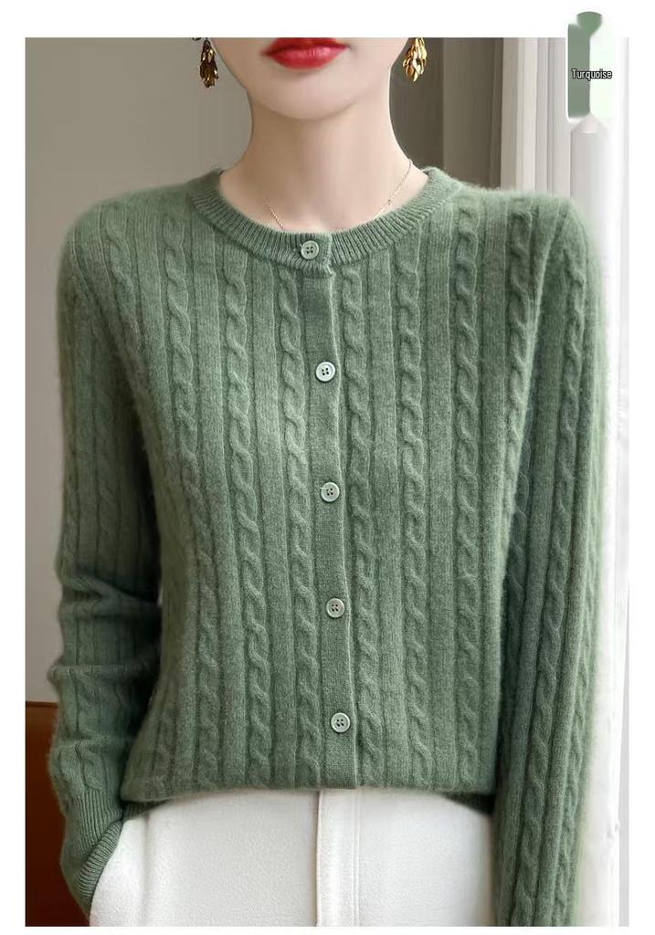 Women's Classic Cable Knit Cardigan: Old Money Style, Solid Color, Long Sleeve, Round Neck