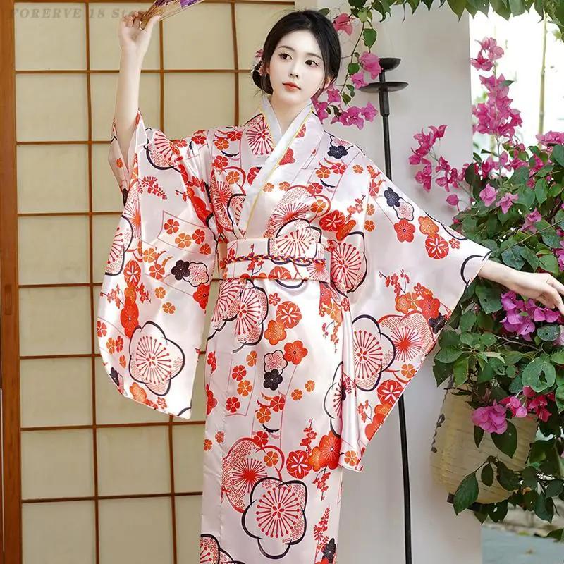 Robe Kimono Japonais Costume de Performance Cosplay Femmes Kimonos Bleus Vintage Style Asiatique Yukata Sexy avec Obi Robes Geisha Imprimées