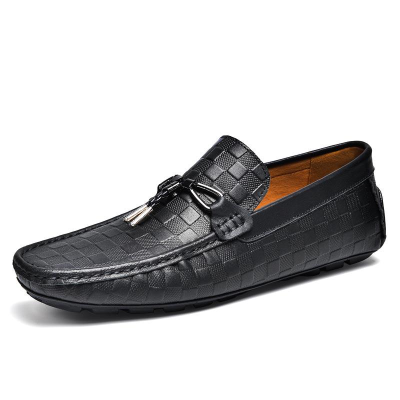 Men s Casual Spring Cowhide Slip-on Loafers, Embossed Leather Driving Shoes, Large Size 38