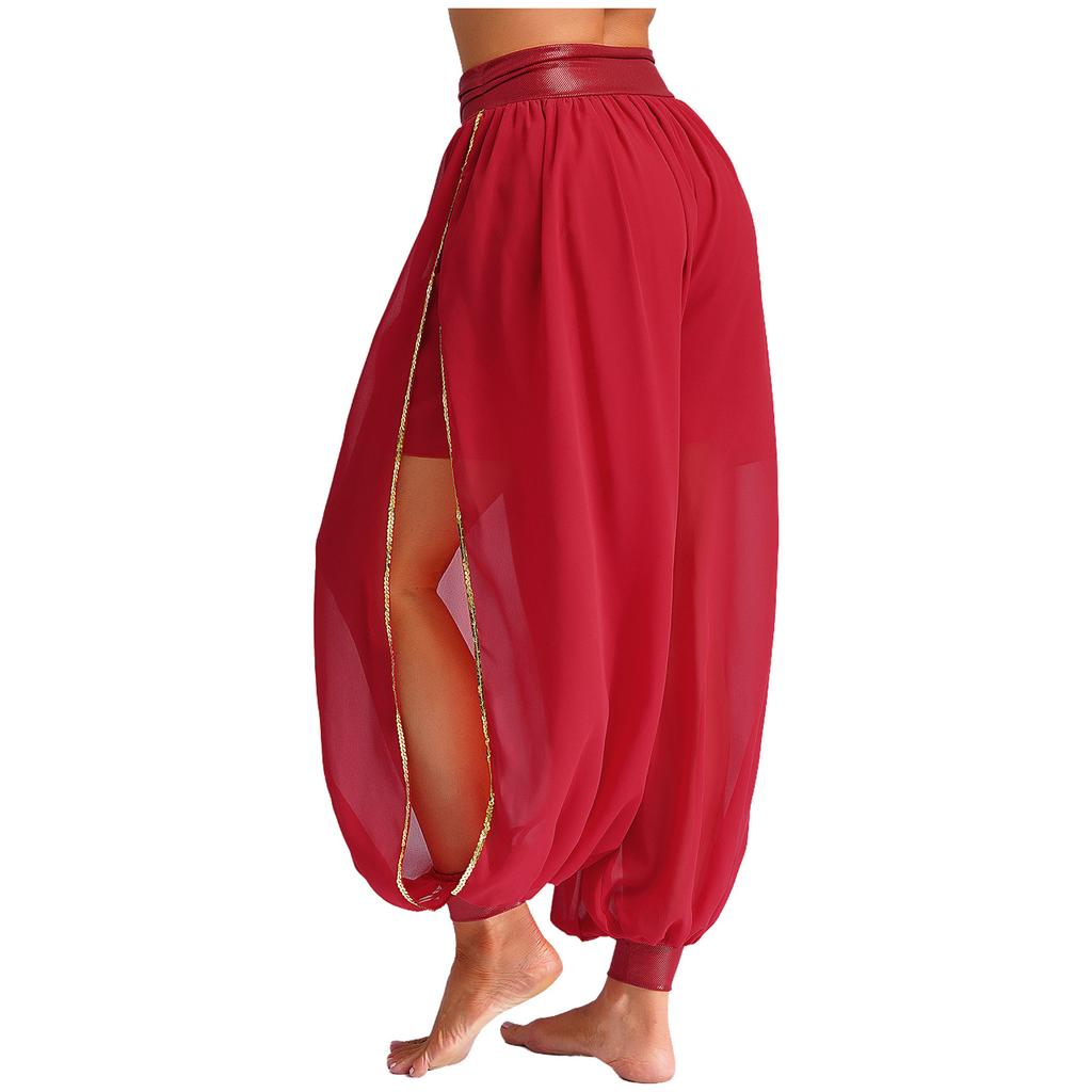 Women's Chiffon Belly Dance Pants Ruched Waistband Side Split Pants Performance Costume