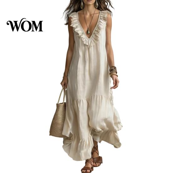 Mid-length Loose Dress Women's Deep V Neck Ruffle Trim Maxi Dress, Sleeveless Fit Flowy Beach Sundress, Summer Casual Tiered A-line Long Women