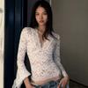 Hirigin Elegant Lace Sheer T-shirt Sexy V Neck Flared Long Sleeve Slim Fit Tees Fairy Coquette Y2K Women Vintage Crop Top Clothe