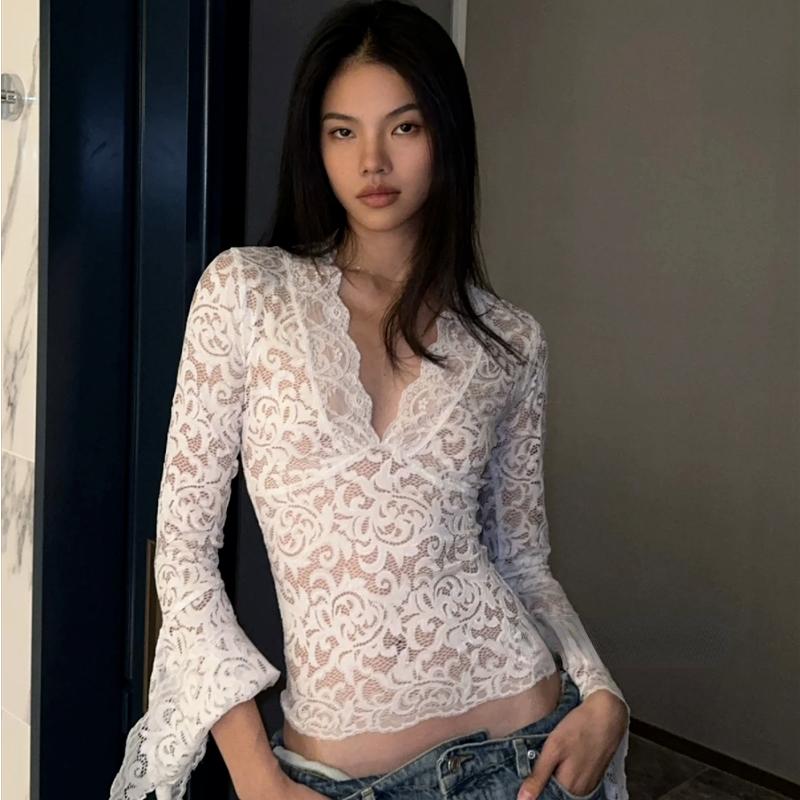 Hirigin Elegant Lace Sheer T-shirt Sexy V Neck Flared Long Sleeve Slim Fit Tees Fairy Coquette Y2K Women Vintage Crop Top Clothe