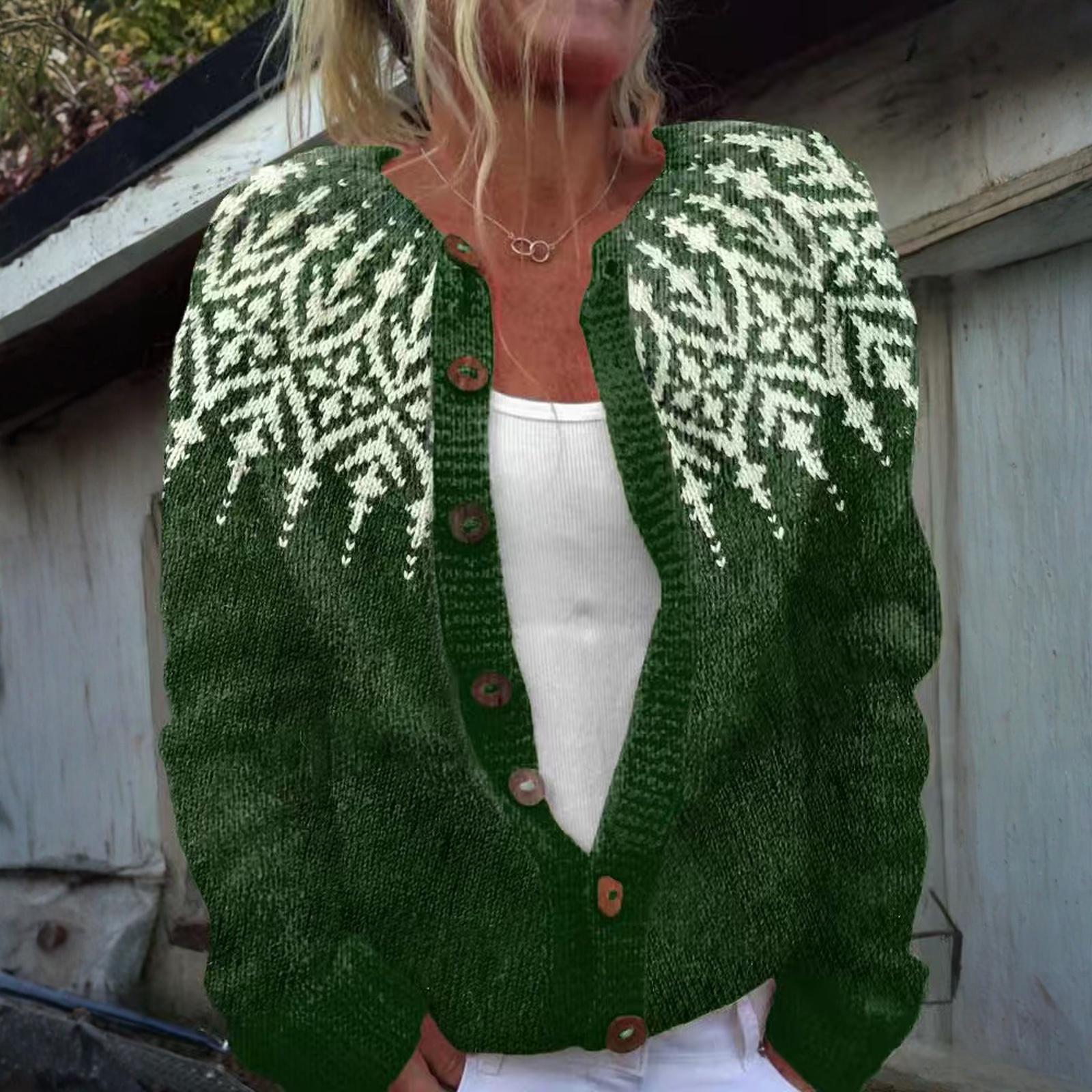 

Кардиганы в стиле Fair Isle для женщин, с круглым вырезом, свободного кроя, на пуговицах, объемный свитер, с открытой передней частью, повседневная вязаная куртка на осень L армия зеленый