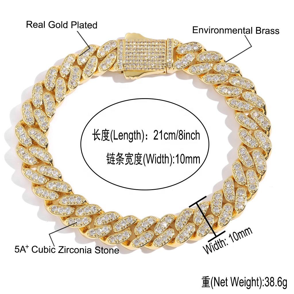 BES 10MM Iced Out Cuban Link Chain Cubic Copper Zirconia Necklace Hip Hop Bracelet Women Man Hip Hop Jewelry