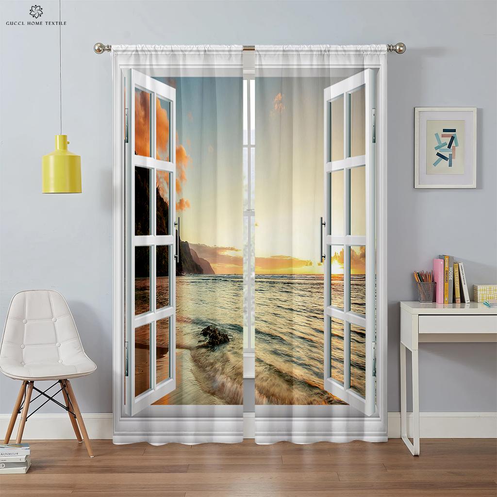 3D Printed Curtains for Bedroom, Living Room, Kitchen and Study Room, Realistic Sky Scenery Outside the Window, Blackout Curtain