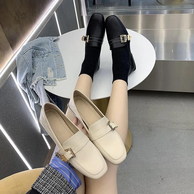 Party Leather Shoes  Low Heel Ladies Pumps British Loafers Belt Buckly Casual Shoe Square Toe High Heels 2025 New