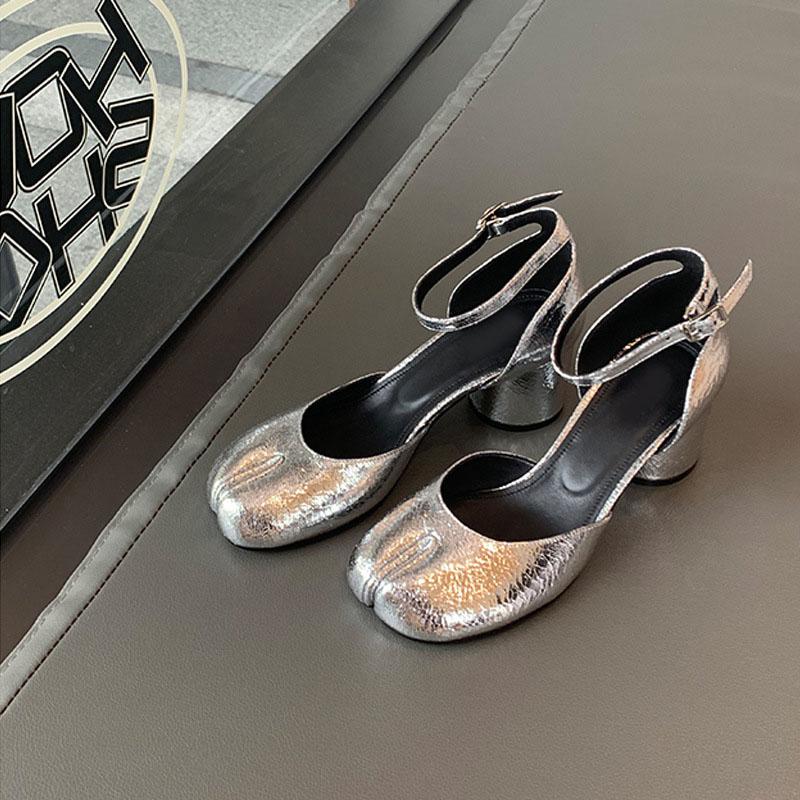 Fashion High Heels Shoes Woman Ankle Strap Silver Black Leather Pumps Split Toe Mary Janes Shoes Woman 2025 Spring Summer Heeled Sandals