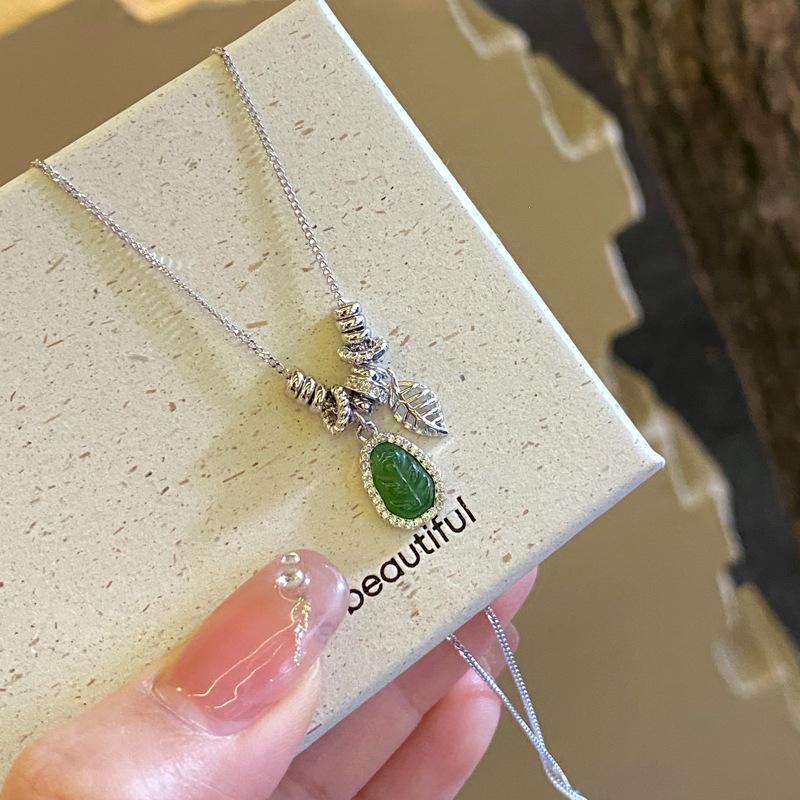 Golden Branches Jade Leaves S925 Silver Chalcedony Gourd Necklace - Elegant Light Luxury Gift for Women Sterling Silver Double-Layer Star Necklace