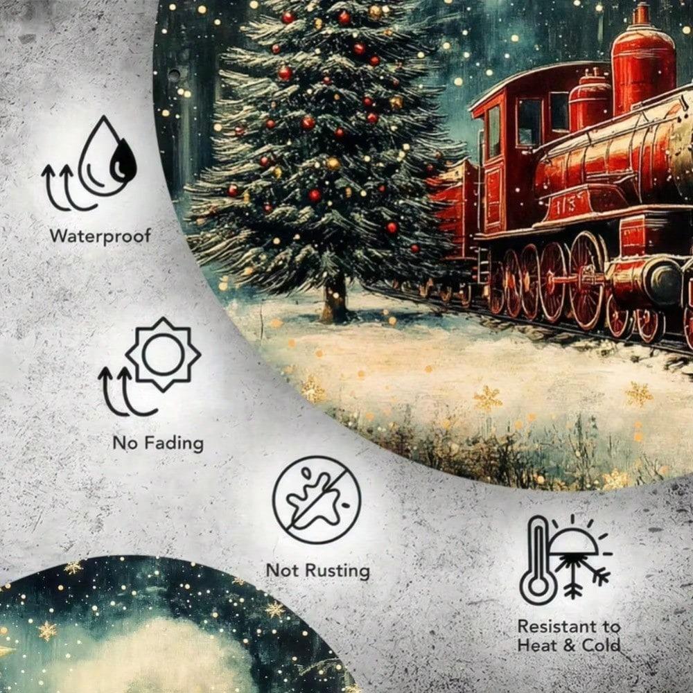 Metal Tin Sign Vintage Christmas Tree Train Wall Art Home Kitchen Decor