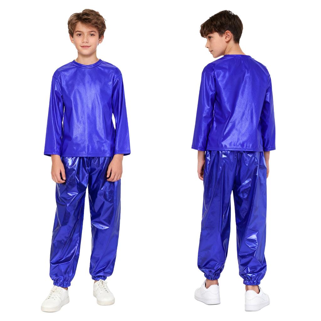 Kids Girls Dance Performance Outfit 2-Piece Set: Metallic Shiny Long Sleeve T-shirt & Matching Shiny Pants for Stage & Party