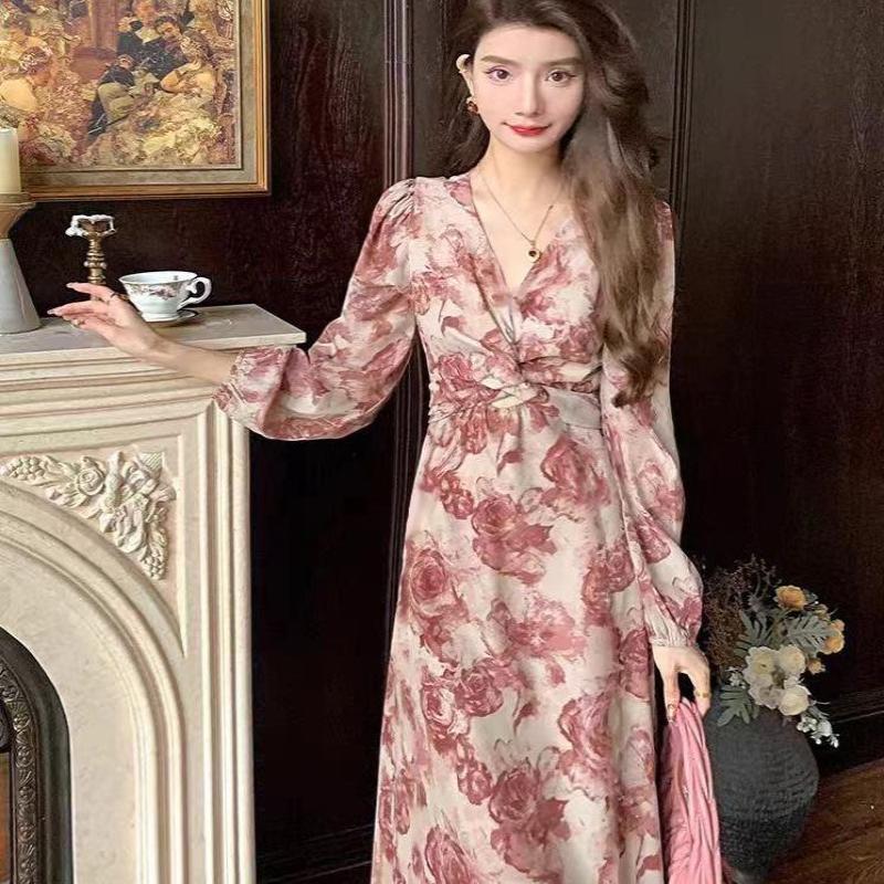 Elegant French Floral Cross-Strap Autumn Dress Small