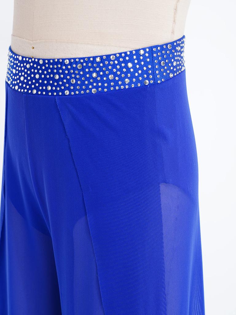 Kids Girls Lyrical Dance Pants Shiny Rhinestone Waistband Side Split Mesh Trousers for Stage Performance Competition