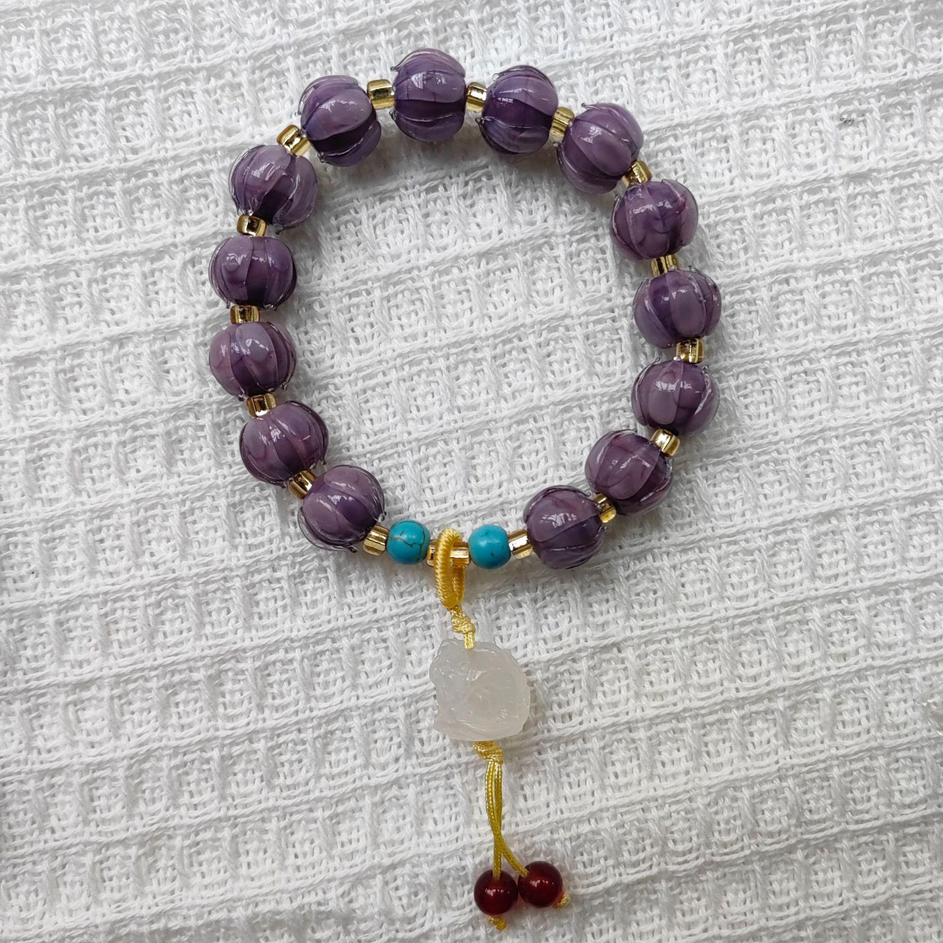 Evening Mountain Purple Glaze Fluorite Bracelet – Women s Temple Style with Waking Lion Ornament