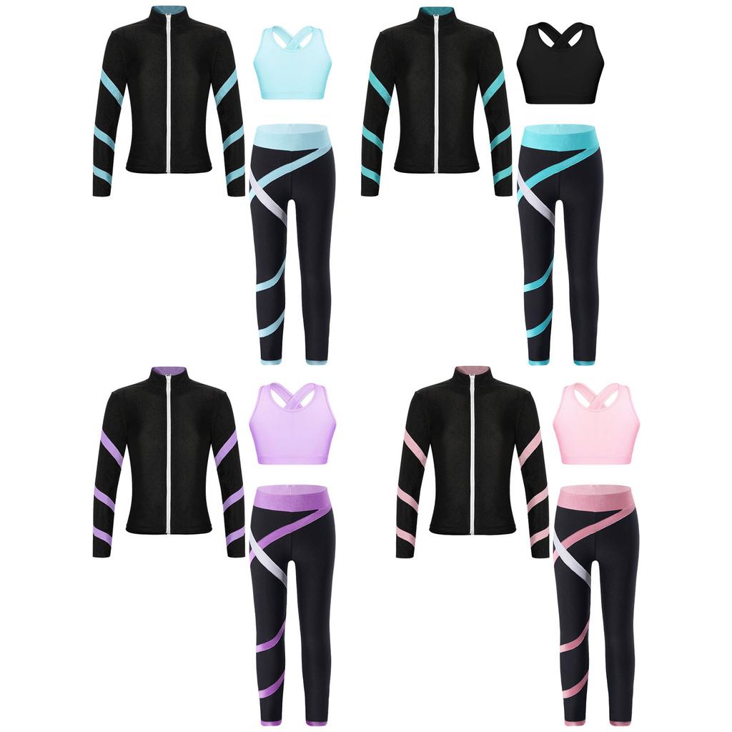 Kids Girls Figure Ice Skating Gym Training Suit Long Sleeve Jacket Sleeveless Crop Top with Skating Pants Set