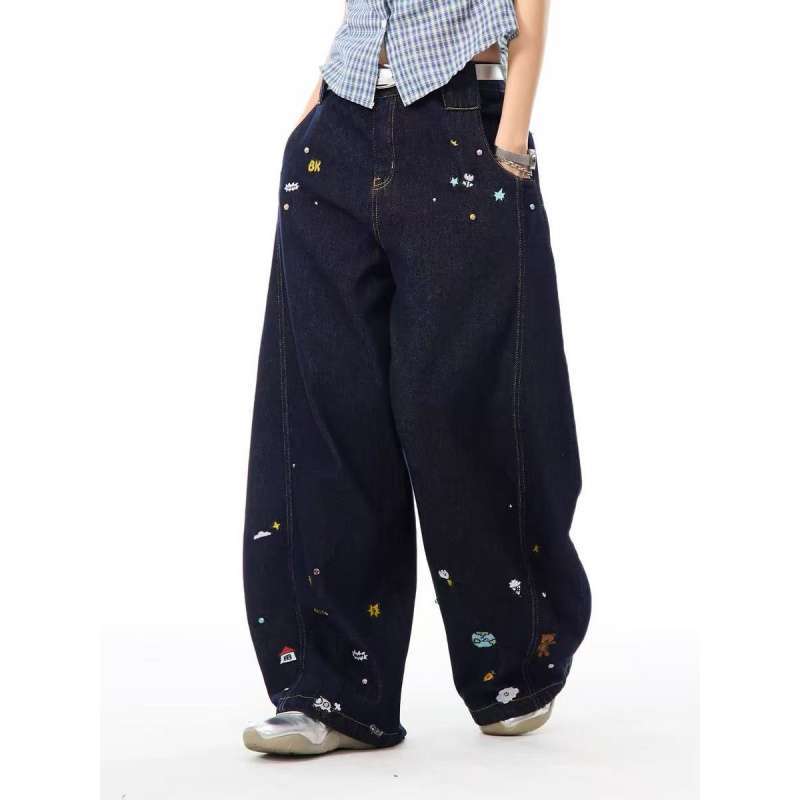 JYL Женские Повседневные Брюки Весна Флис Вышитые Свободные Широкие Bootcut Джинсовые S амазонка