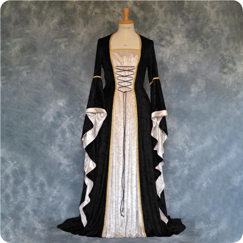 Gold Velvet Flared Sleeves Retro Medieval European Court Long and Ground Women's Skirt