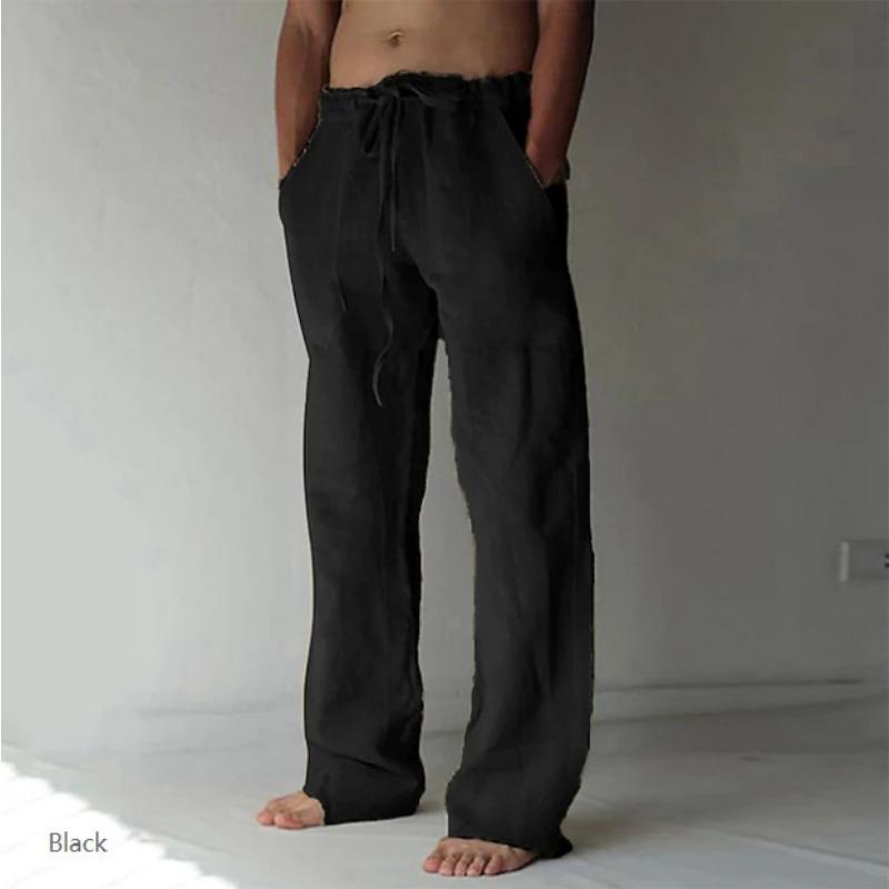 Mens Casual Drawstring Linen Wide Leg Pants With Pockets