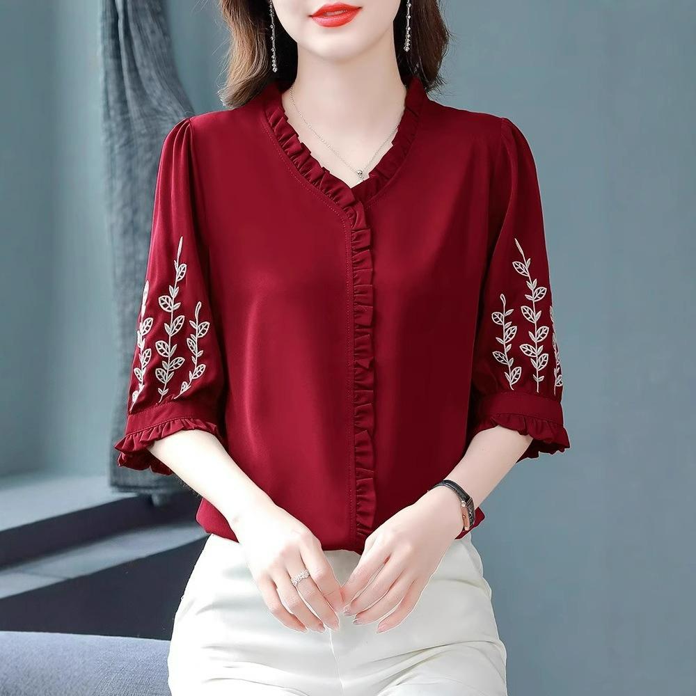 Embroidered Mid-sleeved Shirt Women's Summer Loose-fitting Belly-covering Small Shirt Western Style Chiffon Top Clothes