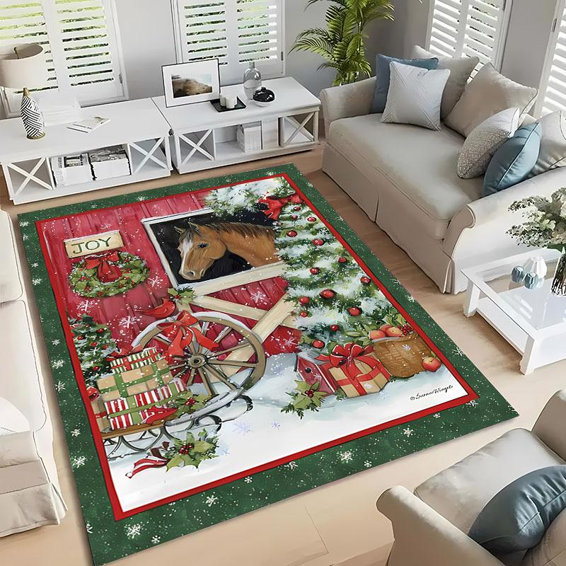3D tištěný vánoční koberec s koněm pro domov, obývací pokoj, dětskou ložnici, pohovku, rohožka, kuchyňský podlahový koberec, protiskluzová dekorační podložka, teplý dárek