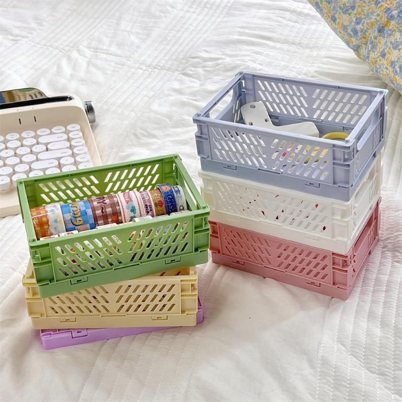 1Pc Mini Folding Plastic Storage Box Student Desktop Finishing Handbook Tape Stationery Folding Basket Storage Basket