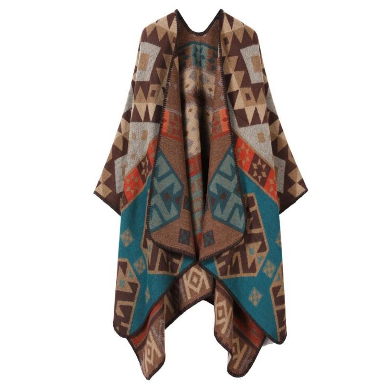 Boho Knit Shawl Women Men Lightweight Warm Wrap Scarf Fall Winter Ethnic Patterned Cape