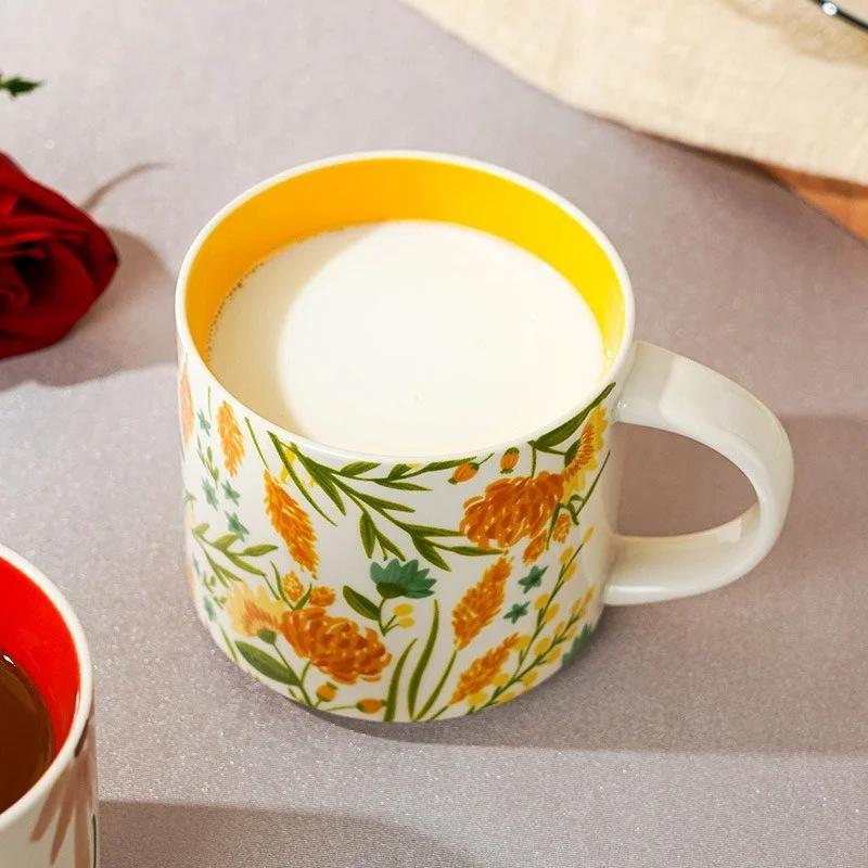 Floral Glaze Ceramic Mug 450ml Flower Bird Coffee Tea Cup Household Large Capacity Breakfast Mugs Business Gift Mugs Coffee Cups