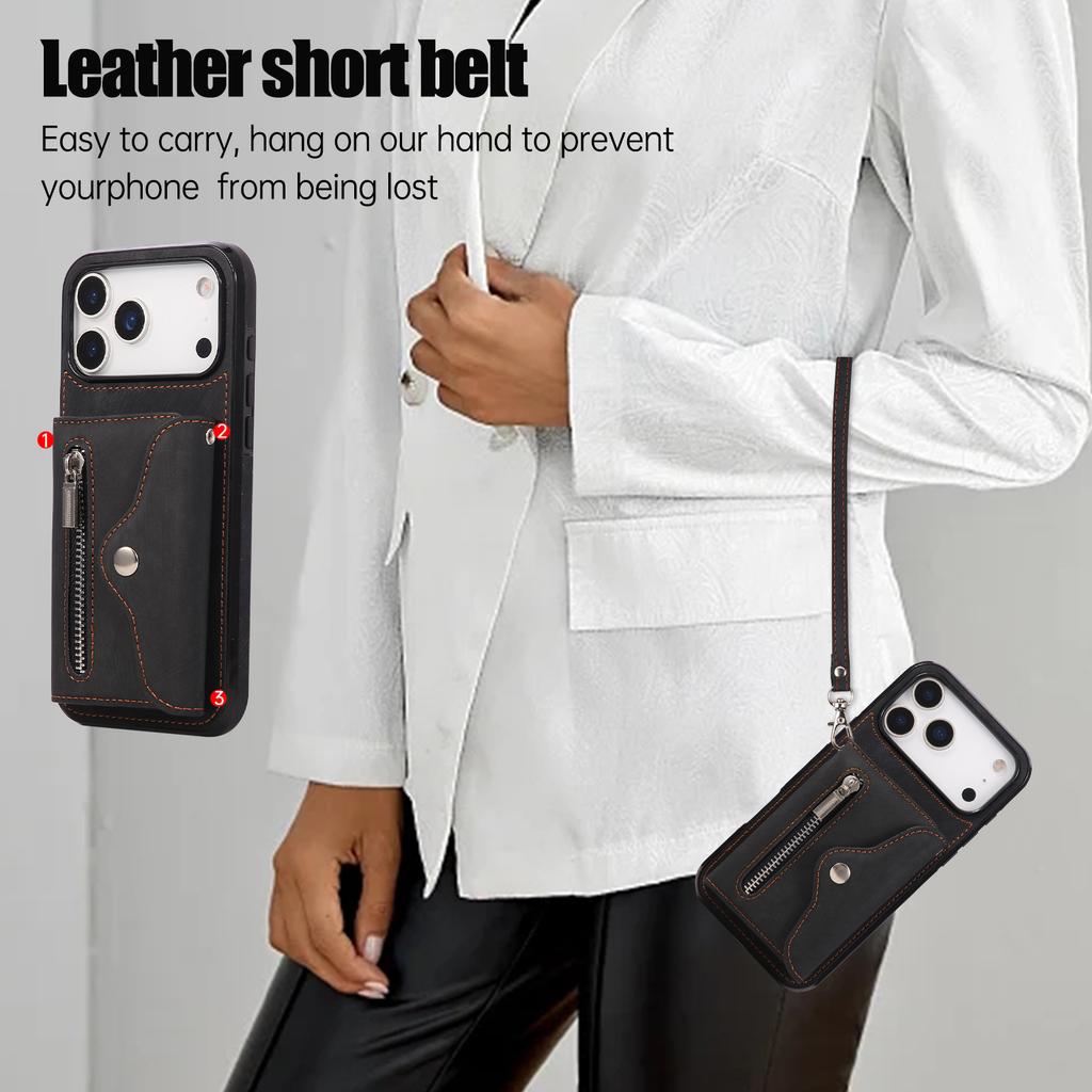 Phone Case for iPhone 17 Pro Max 16E Air 16 Pro 15 Plus 14 13 Mini 12 11 Lanyard Zipper Plain Leather Card Holder Wallet Cover