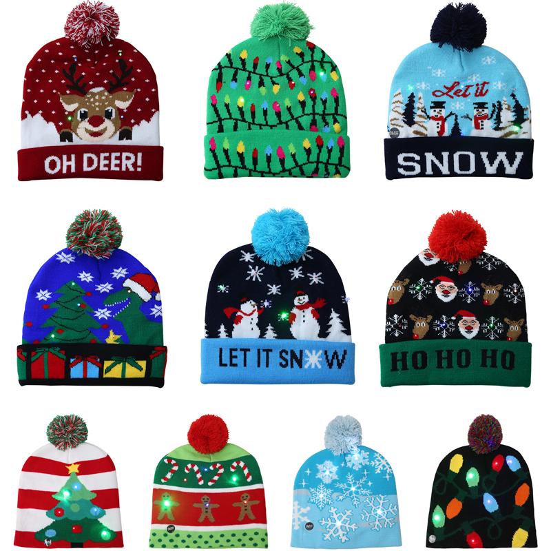 Xmas Knitted Beanie Hat Winter Warm Mens Ladies Women Ski Cap With Light Led