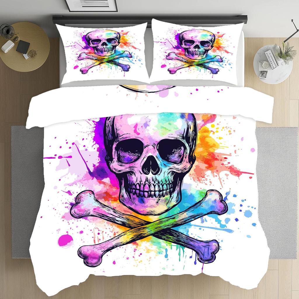 Gothic Style Skull Duvet Cover Set,Skeleton Bedding Set, Microfiber Duvet Cover Set with Zipper Closure for Teens and Adults