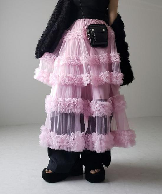 Japanese Style Spring/Summer Women's A-Line Midi Skirt with Anti-Exposure Hand-Stitched Three-Layer Net Yarn