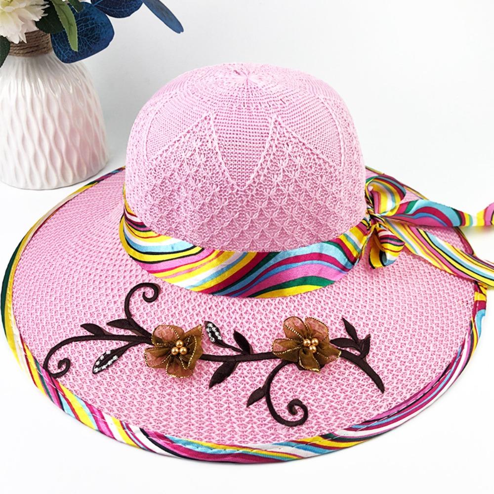 Trendy Flower Ribbon Women's Sun Hat Wide Brim Lightweight Bucket Hat UV Protection Breathable Straw Hat Summer Outdoor