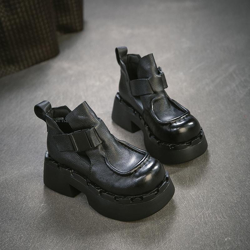 Johnature Commuter Retro Thick Soled High Heels Pumps Versatile Genuine Leather Women's Platform Shoes