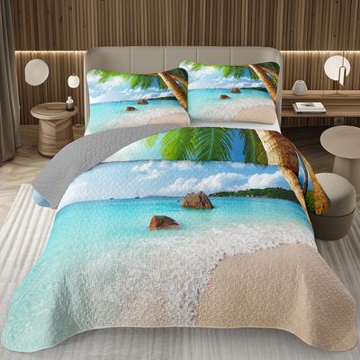 Tagesdecke im Ozean-Stil, gestepptes Bettwäsche-Set für Einzelbetten und Queensize-Betten, Sommer-Strand-Design, Hawaii-Urlaubsstil, tropische Palmen-Bettdecke