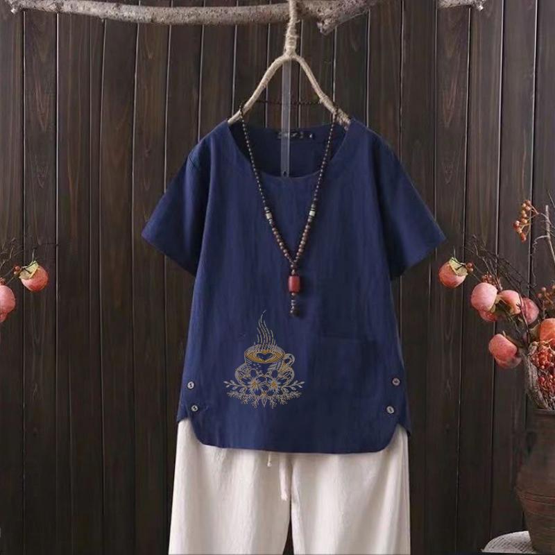 Summer Date Night Linen Shirt, Women's Graphic Tee, Artistic Print Short Sleeve, S-4XL