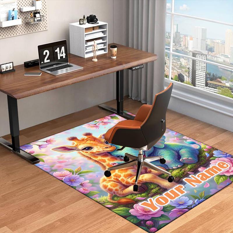 1PC Custom Name Giraffe Elephant Friendship Theme Floor Mat Ideal for Living Room, Game Rooms, Office, Bedroom,Floor Mat Playful Design