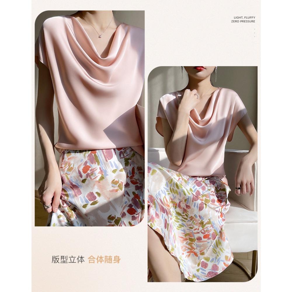 Top Corto da Donna in Seta Raso Primavera Estate, T-shirt Elegante Semplice a Manica Corta con Colletto alla Francese, Blusa Casual Taglie Forti