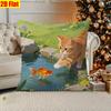 2D Flat - 1pc, Polyester, Pillow Cover, Pillow Insert Not Included, 2D Flat Printing, Orange Tabby Cat Reaching for Goldfish In Pond with Flowers, for